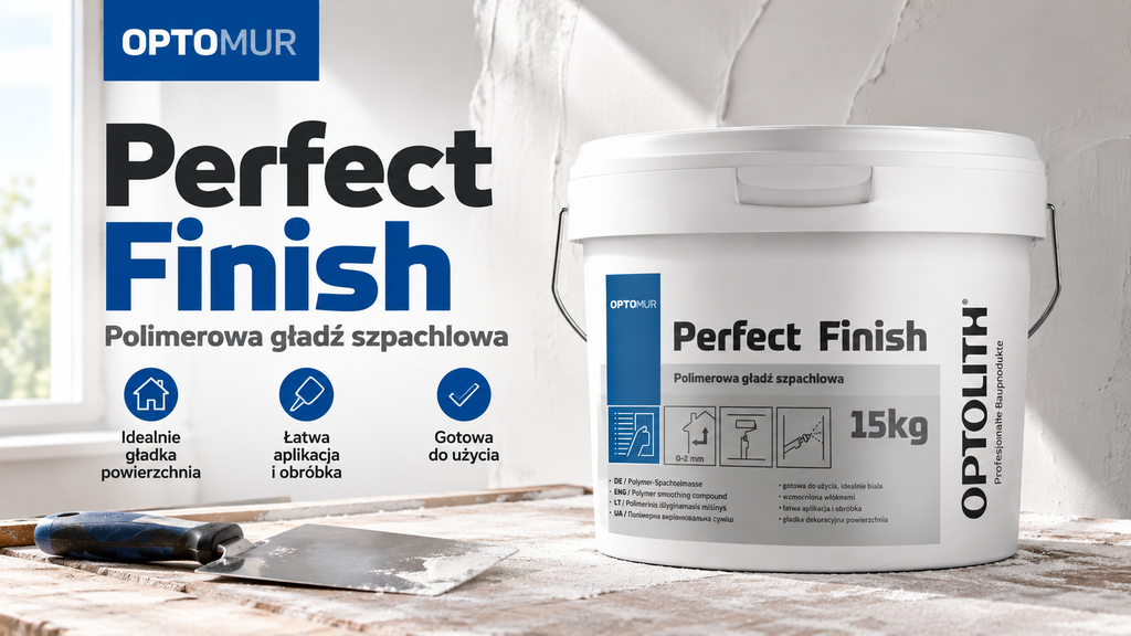 Nowoczesna reklama gladzi Perfect Finish Optolith Optomur Perfect Finish 15 kg – gotowa gładź polimerowa biała