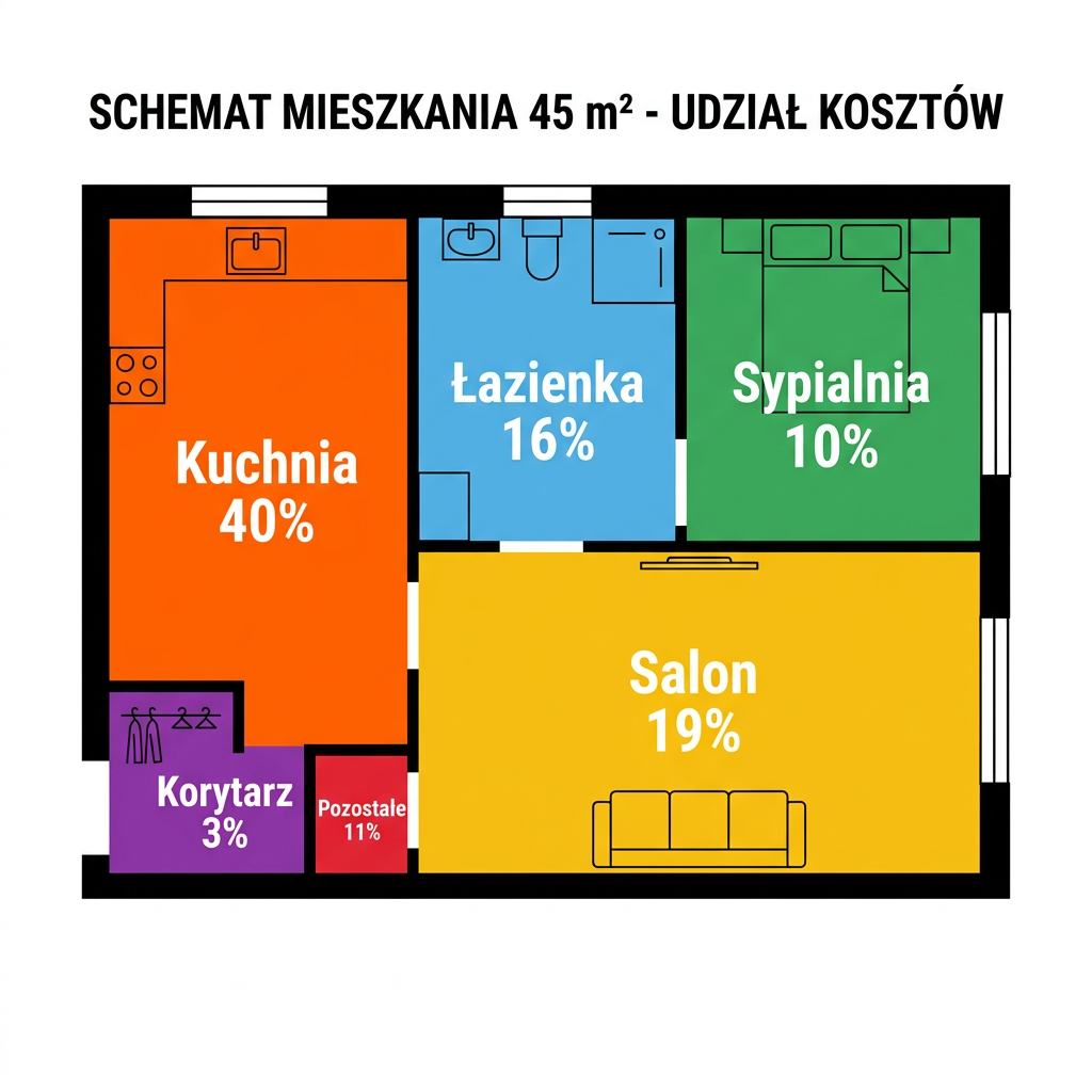Schemat mieszkania 45 m2 z procentowym udziałem kosztów: Kuchnia 40%, Łazienka 16%, Salon 19%, Sypialnia 10%, Korytarz 3%, Pozostałe 11%