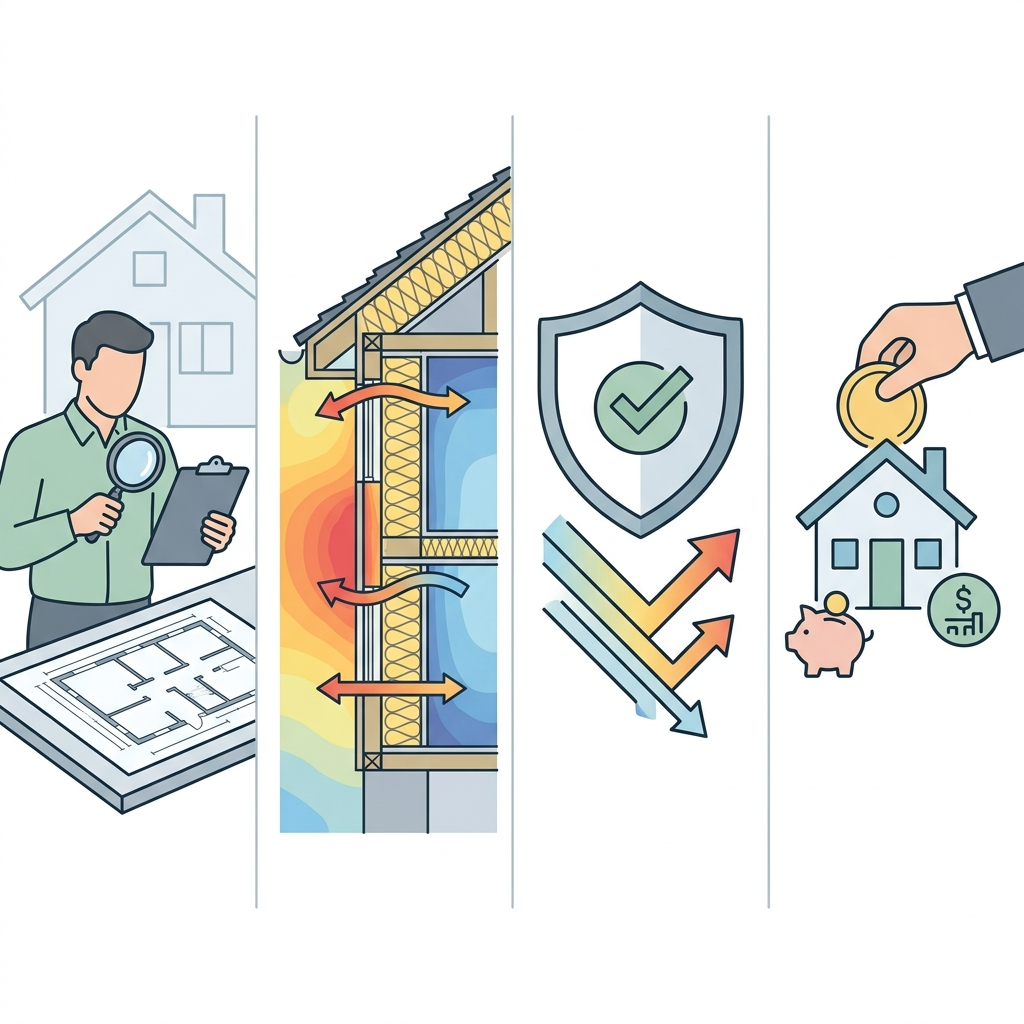 Jak audyt energetyczny wpływa na opłacalność termomodernizacji? 4 Ilustracja czterech etapów audytu energetycznego: ocena stanu budynku, analiza izolacyjności, zgodność z WT 2021, dostępne dotacje