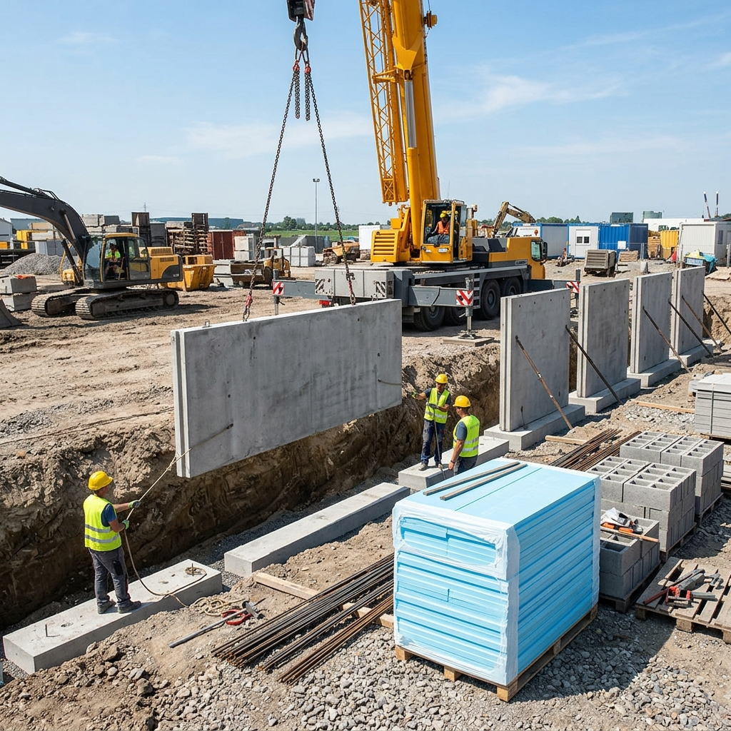 Prefabrykowane elementy fundamentowe montowane dźwigiem na placu budowy