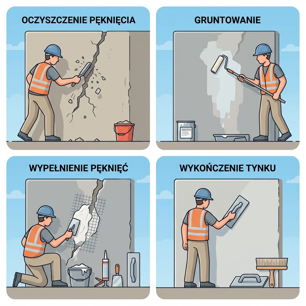 Jak naprawa pęknięć elewacji chroni fasadę i oszczędza energię? 4 Proces naprawy pęknięć elewacji — oczyszczenie, gruntowanie, wypełnienie, wykończenie