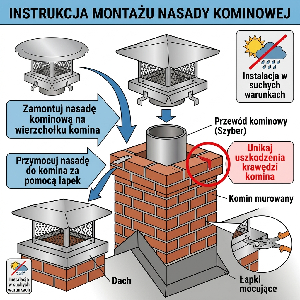 Schemat montażu czapy kominowej z oznaczonymi elementami i punktami ostrożności