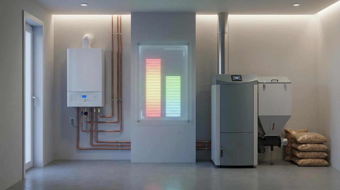 Wykres słupkowy porównujący koszty instalacji pieca gazowego oraz kotła na pellet w nowoczesnej kotłowni w 2026 roku