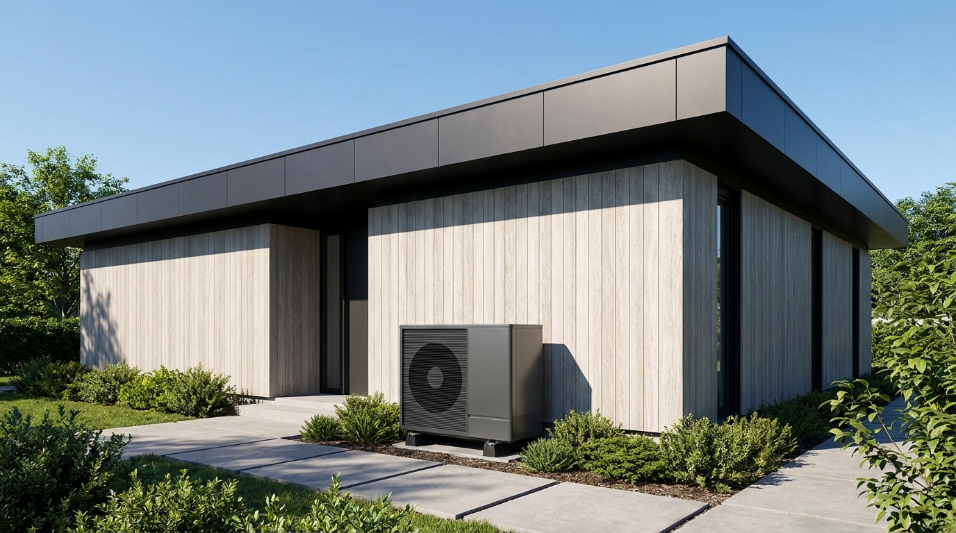 A modern, minimalist zero-emission home exterior showing a sleek roof completely free of any traditional brick chimneys, with a modern air source heat pump installed next to the building.