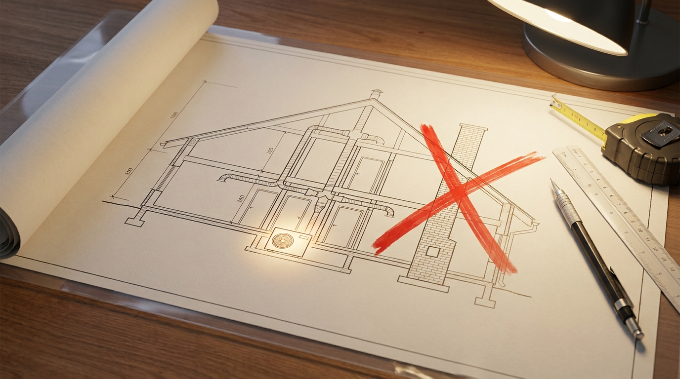A blueprint or architectural schematic of a modern home HVAC system, clearly highlighting the mechanical ventilation ducts and a heat pump unit, with a big red cross over a traditional chimney structure.