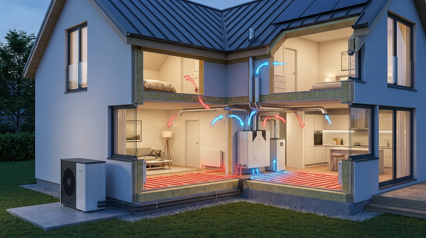 A highly detailed 3D cross-section infographic of a modern energy-efficient home, showing a heat pump outside, heat recovery ventilation inside, airflow arrows in blue and red, and explicitly showing a roof without any chimney.