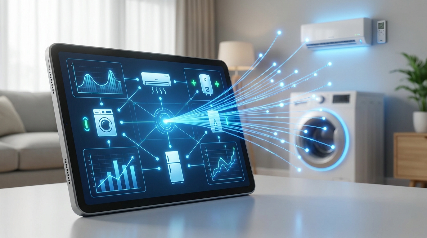 A modern smart home dashboard on a tablet showing predictive maintenance alerts for various household appliances, with glowing blue AI nodes connecting to a washing machine and HVAC system.