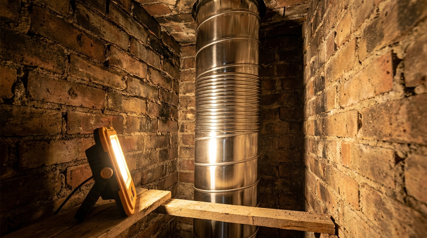 A close-up, high-resolution photo showing a shiny, newly installed 316Ti stainless steel chimney liner inside a brick masonry chimney, illuminated by a warm work light.