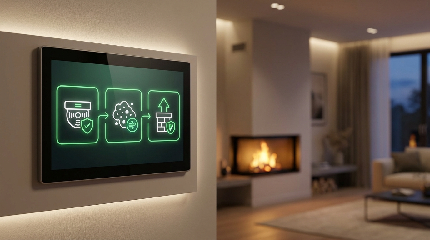Nowoczesny panel ścienny Smart Home wyświetlający poziom CO, PM2.5 oraz status ciągu kominowego na zielono, z ikonami bezpieczeństwa.