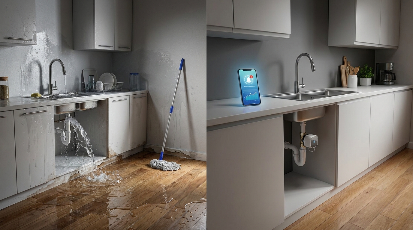 A side-by-side comparison illustration showing a flooded kitchen with a burst pipe on the left (reactive), and a pristine kitchen on the right where a smartphone app has automatically shut off the water valve (proactive predictive maintenance).
