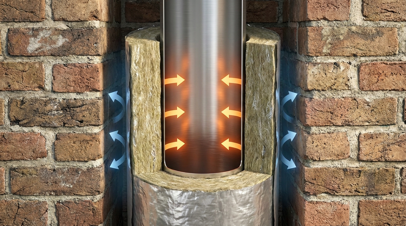 A cross-section diagram showing a chimney flue with a stainless steel liner wrapped in a thick insulation blanket, with arrows indicating heat retention and outward moisture blocking.