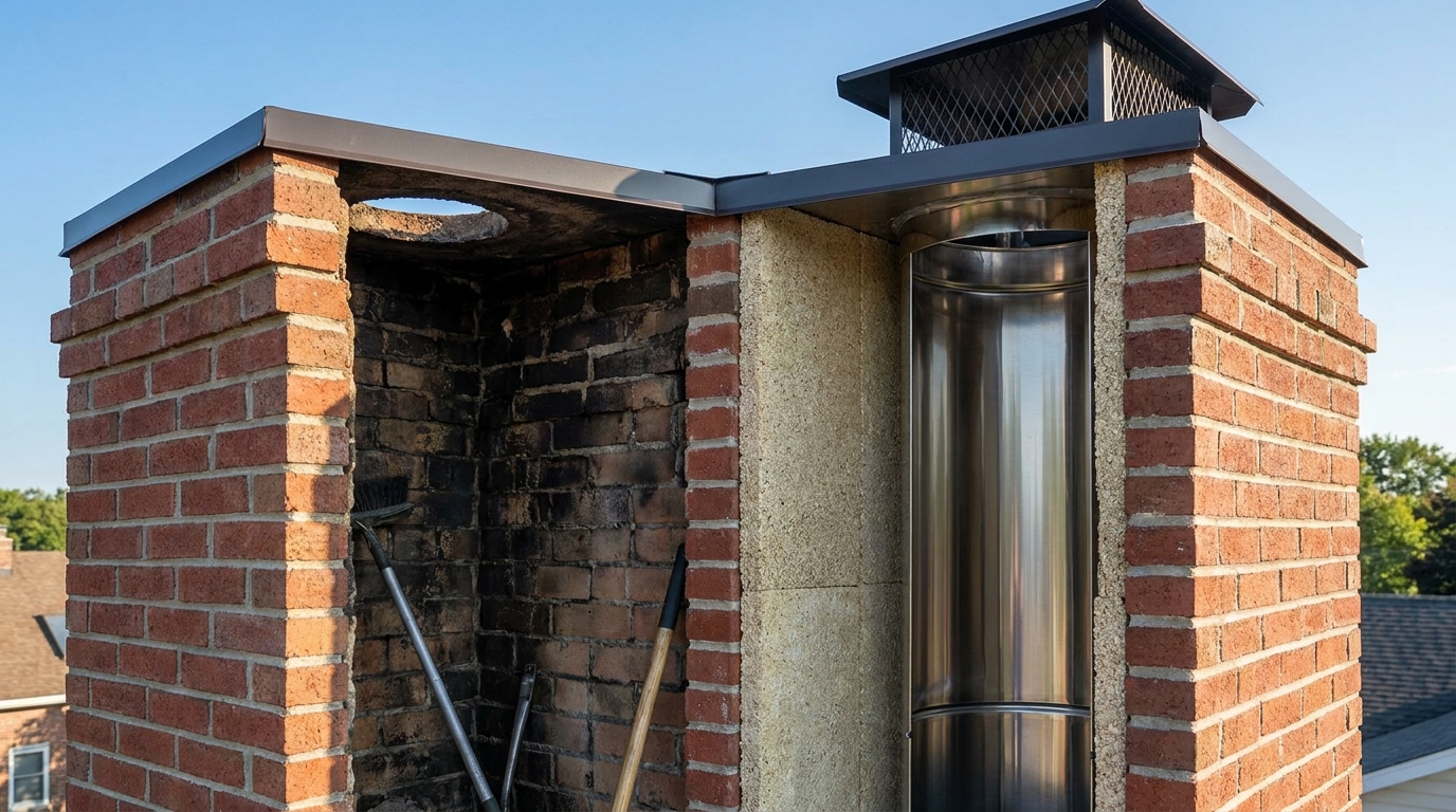 A minimalist, modern infographic titled "Anatomia bezpiecznego komina 2026", showing a cross-section of a chimney with labels pointing to the stainless steel liner, vermiculite insulation, and waterproofed outer brickwork.