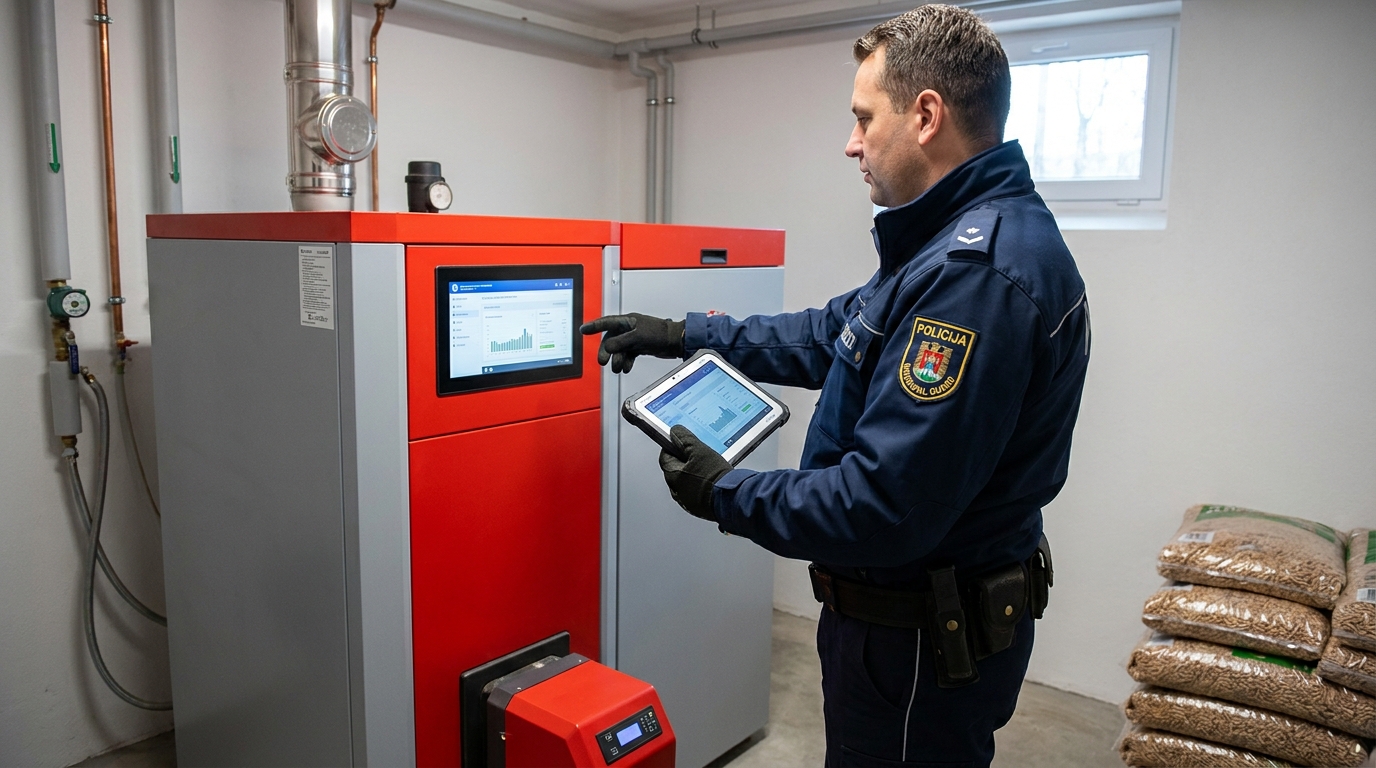 Strażnik miejski w mundurze sprawdzający nowoczesny kocioł na pellet w kotłowni domowej, trzymający w ręku tablet z otwartym systemem CEEB.