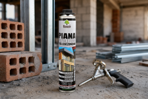 Puszka pianki montażowej Silverbaum 750 ml na stole roboczym z narzędziami, w tle plac budowy; realistyczny obraz produktu w użyciu.