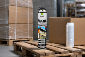 Widok produktu: puszka piany montażowej Silverbaum 750 ml na palecie w magazynie, realistycznie wykonane zdjęcie 3:2 bez dodatkowych napisów