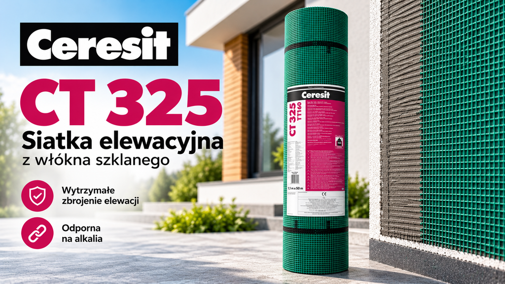 Ceresit CT 325 siatka elewacyjna z włókna szklanego 160 g/m² 1,1 × 50 m – 55 m² 1 Ceresit CT 325 – Siatka elewacyjna Ceresit CT 325 siatka elewacyjna z włókna szklanego 160 g/m² 1,1 × 50 m – 55 m²